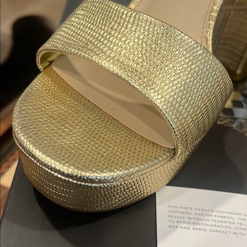 Vince Camuto Gold Metallic Heels with Ankle Strap - Picture 2 of 14